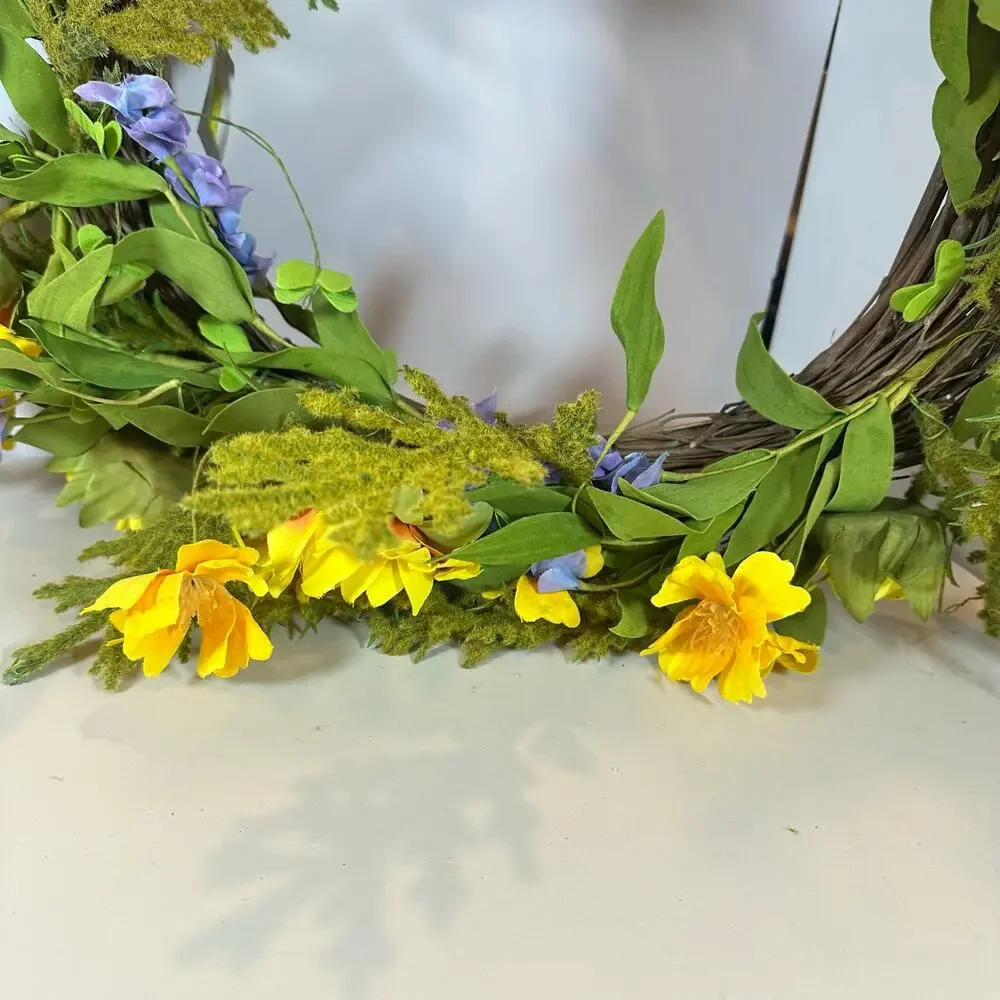 NWT Handmade Yellow Purple Floral Spring Wreath 16